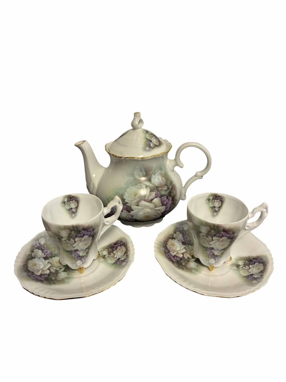 Porcelain Treasures Betty Platner Floral Tea Set Teapot 2 Cups Saucers Gold Trim